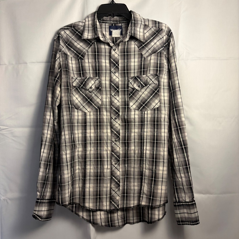 Wrangler Mens Western Snap Plaid Shirt Black White Grey Long Sleeve MVG233M L